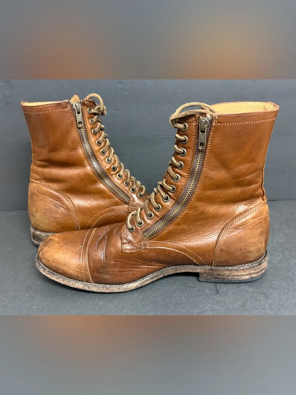 Frye Tyler Mens Size 10.5 D Double Zip Lace Up Brown Leather Boots
